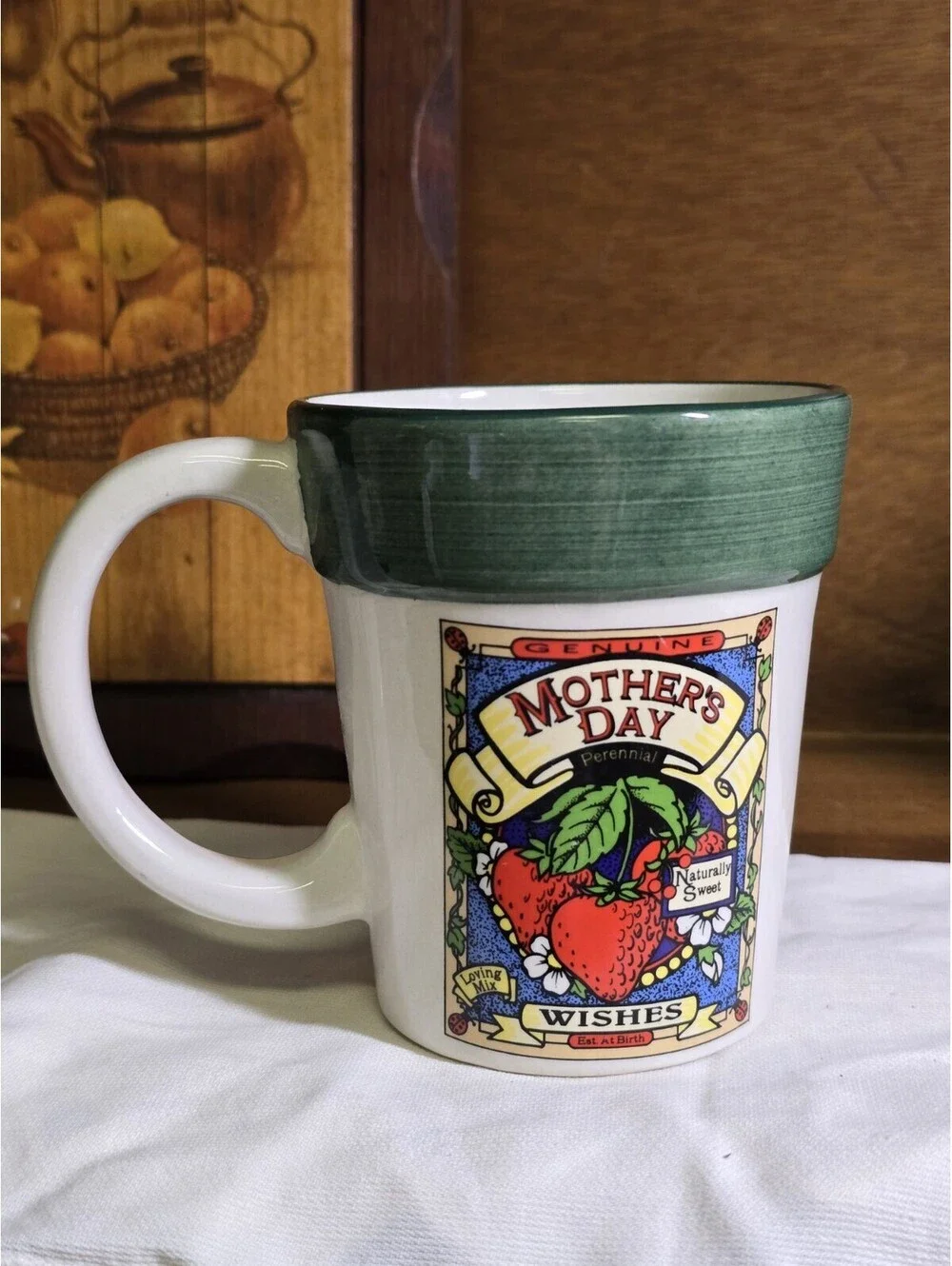 Vintage Mother’s Day Flower Pot  Mug Strawberry Perennial Wishes Ceramic Cup